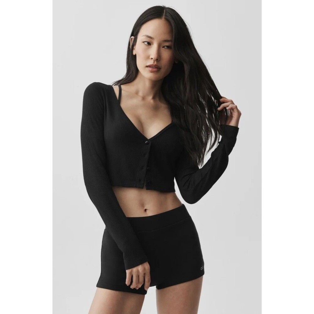 Alo Yoga Ribbed Cropped Whisper Cardigan Black Modal Blend Size Large
